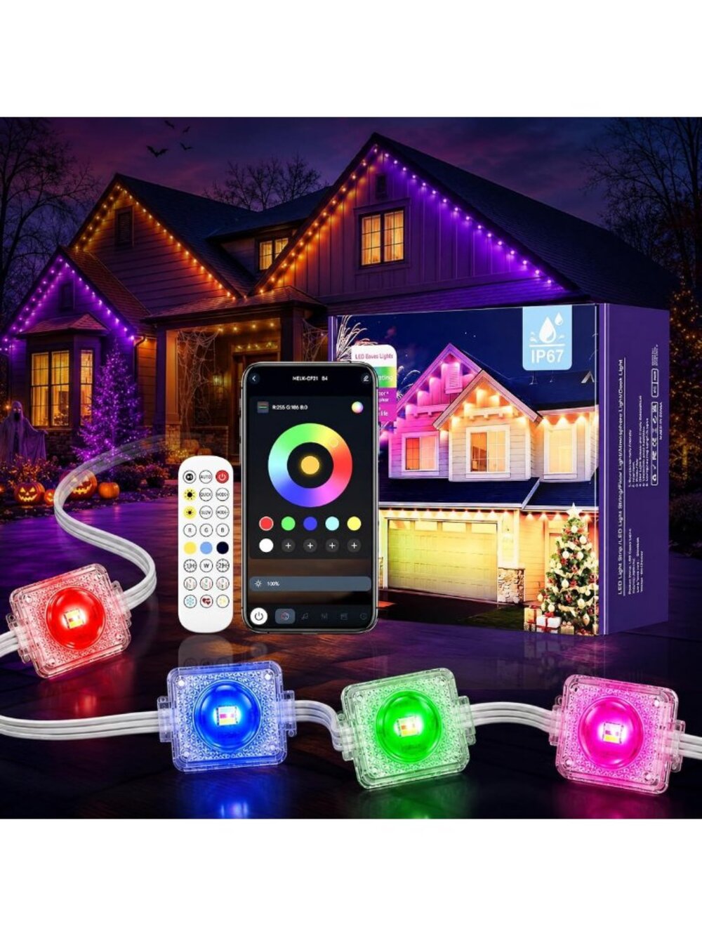 100FT Smart RGB Outdoor String Lights, App-Controlled, Waterproof IP67